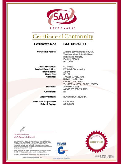 SAA Certificate of Conformity